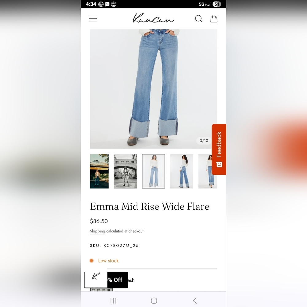 Kancan Emma Mid Rise Wide Flare Leg Jeans Denim Cuffed Size 7